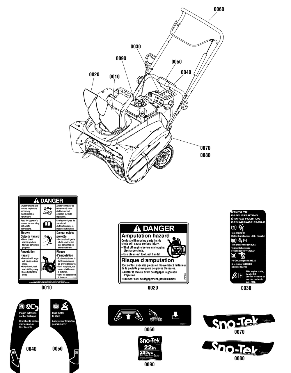 Decals Group Diagram and Parts List for 1696306-00-938022 2012 Briggs and Stratton Snow Blower